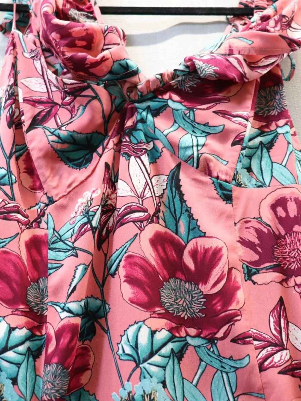For Love & Lemons Flamenco Midi Dress L Pink Floral Silk Blend High Slit Ruffle - Picture 8 of 12